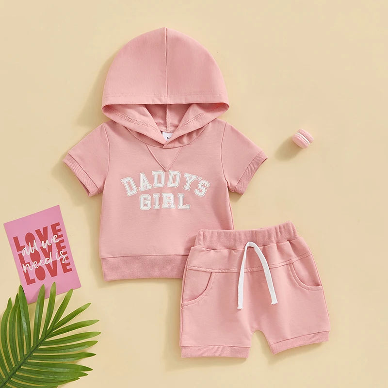 Toddler Baby Boy Girl 2Pcs Daddy's Girl / Mama's Lil Dude / Auntie's Bestie Letter Print Short Sleeve Hooded Top Solid Shorts Outfit Set