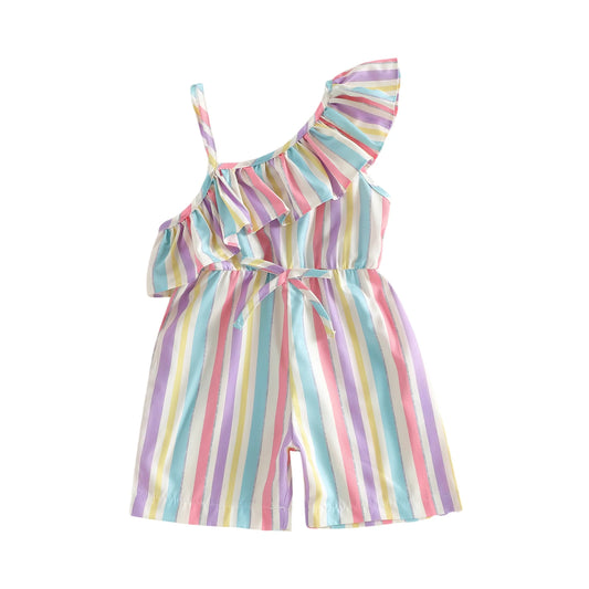 Toddler Kids Girls Summer Romper Fashionable Striped Off One Shoulder Asymmetrical Neck Sleeveless Belted Jumpsuit