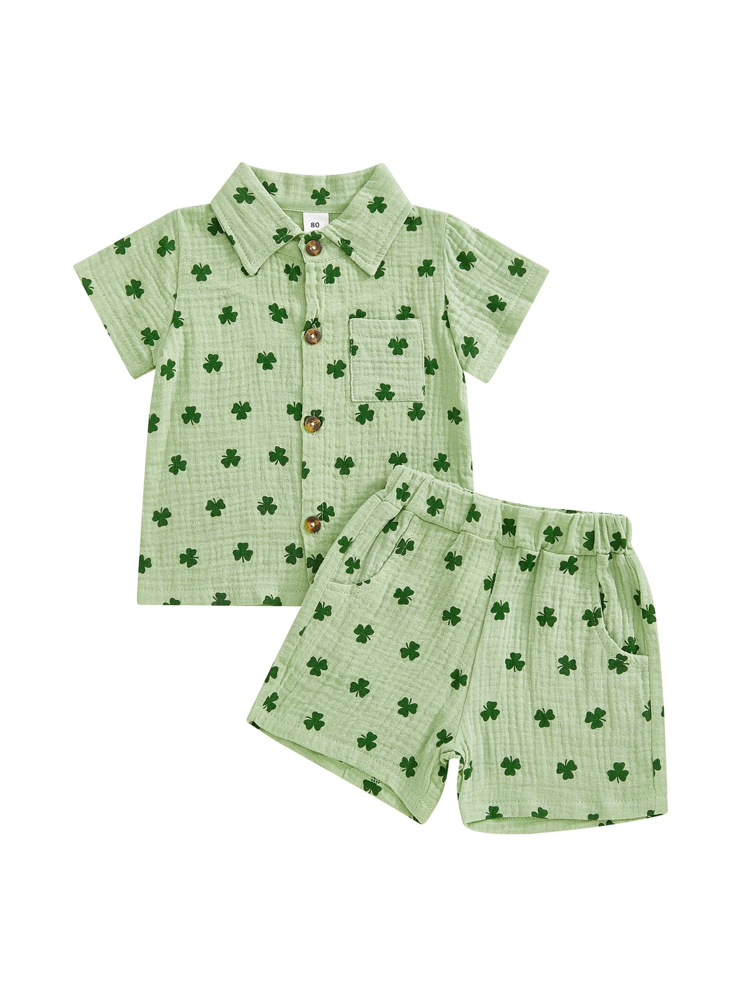 Baby Toddler Boys 2Pcs Spring St. Patrick's Day Set Shamrock Print Short Sleeve Lapel Button Down Shirt Shorts Outfit