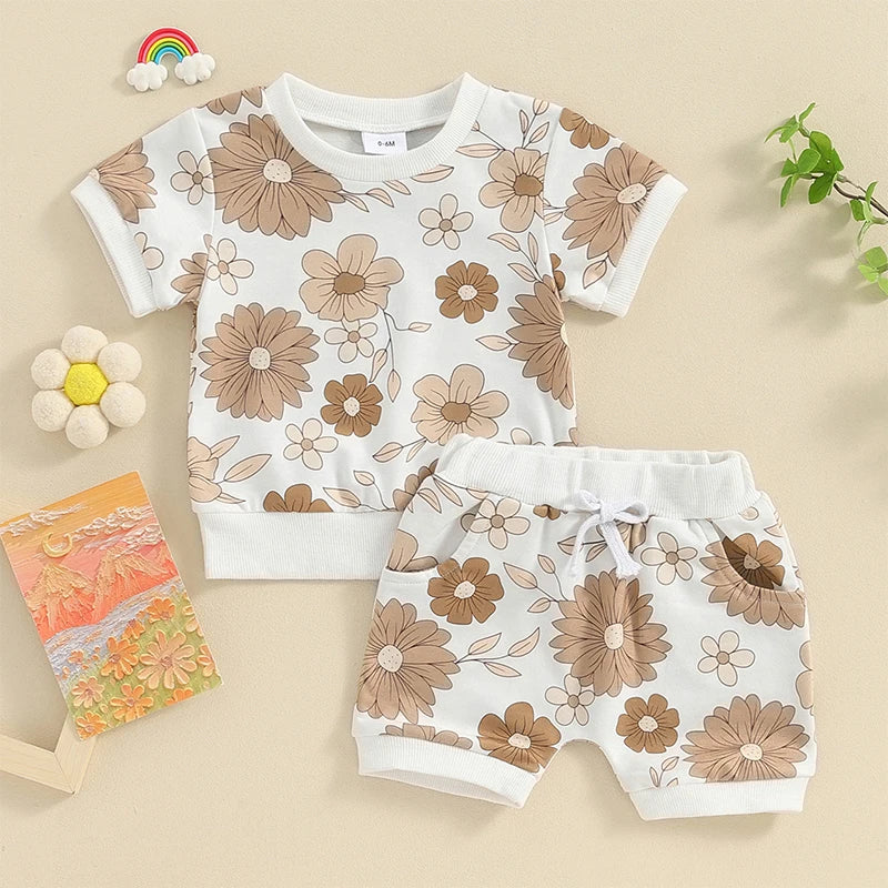 Baby Toddler Girls 2Pcs Summer Clothes Sets Outfits Floral Print Short Sleeve  Top with Pocket Shorts