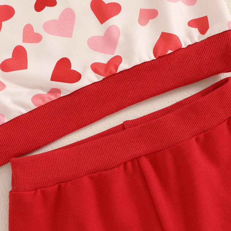 Baby Toddler Kids Girls 2Pcs Valentine’s Day Outfit XOXO Long Sleeve Ruffle Crewneck Top + Flare Pants Valentines Set