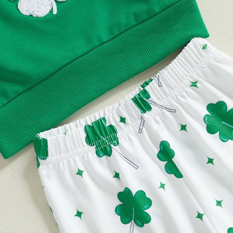 Baby Toddler Girls 2Pcs Lucky St. Patrick's Day Outfit Four Leaf Clover Long Sleeve Crewneck Top and Elastic Flare Pants Set Clothes