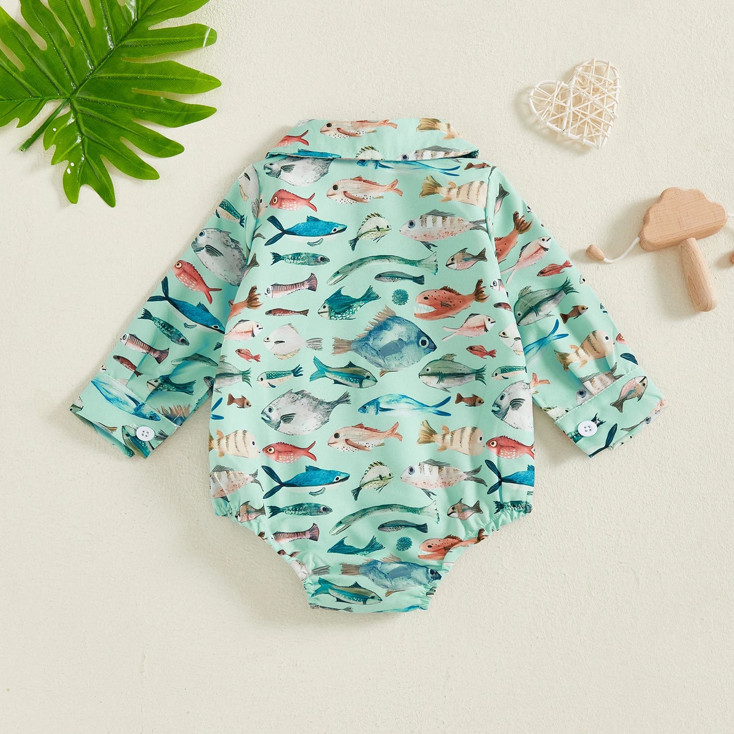 Baby Boys Girls Romper Long Sleeve Lapel Collar Fish Print Bodysuit Fall Playsuit