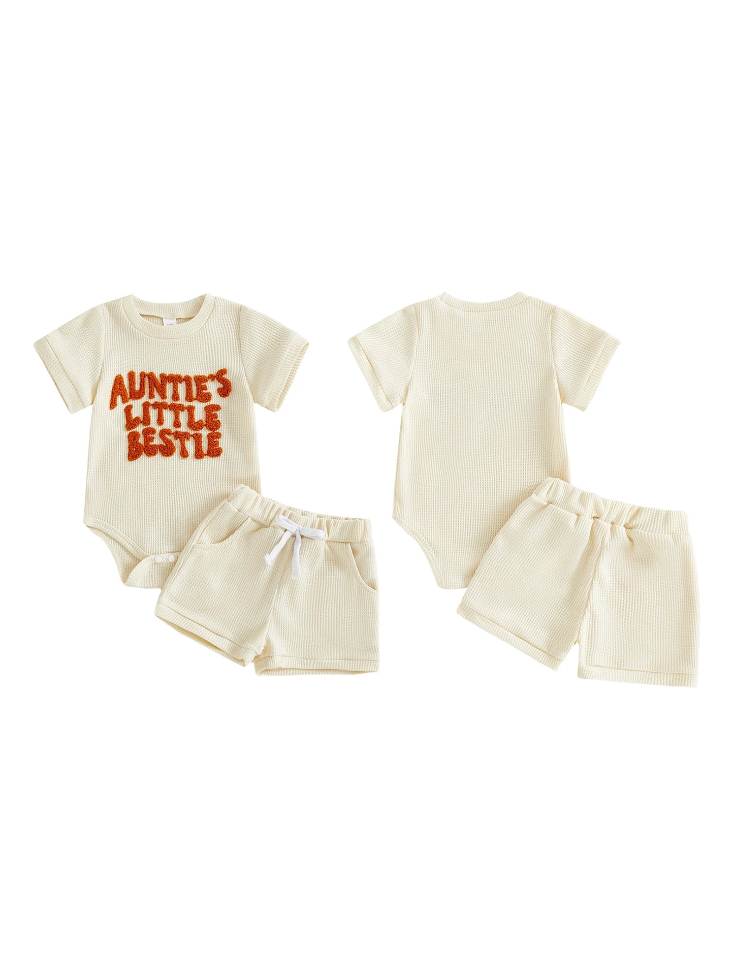 Baby Boy Girl 2Pcs Summer Clothes Mama's Boy / Auntie's Little Bestie Letter Embroidery Short Sleeve Romper Shorts 2 Pcs Outfit Set