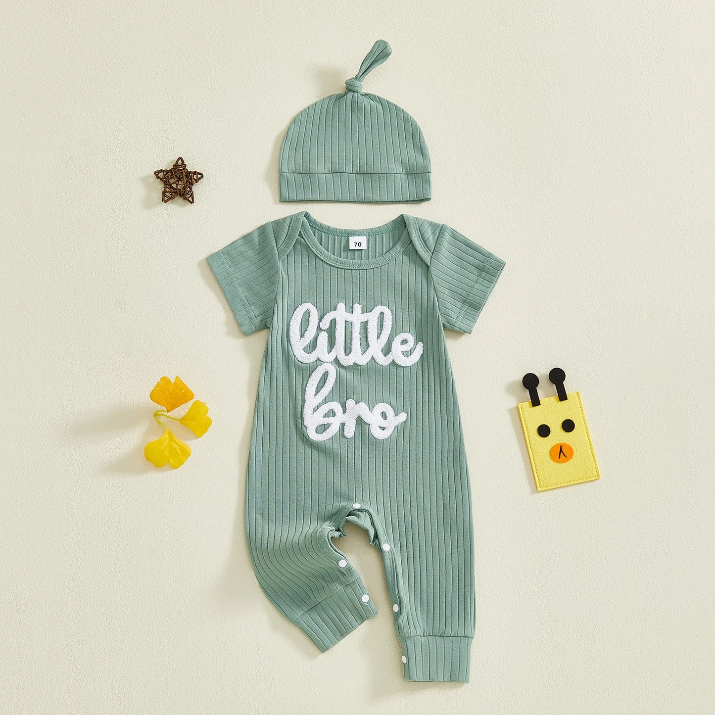 Baby Boy 2Pcs Little Bro Short Sleeve Romper Ribbed Letter Embroidery Round Neck Infant Jumpsuit with Hat Set