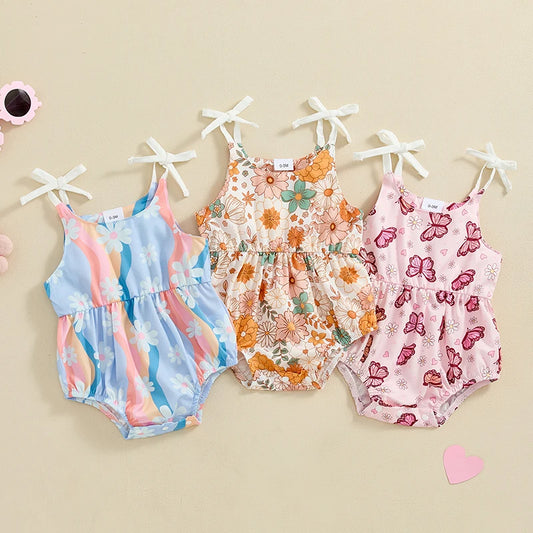 Baby Girls Summer Romper Flower/Butterfly Print Bow Tie Strap Tank Top Sleeveless Round Neck Jumpsuit