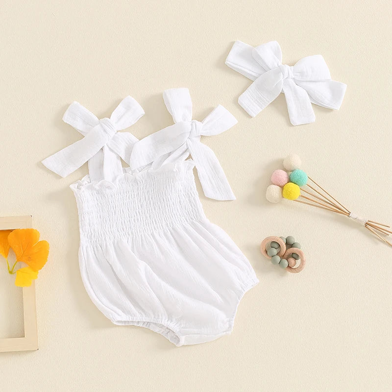 Baby Girl 2Pcs Summer Outfit Cute Sleeveless Tie Shoulder Strap Tank Romper with Headband Set