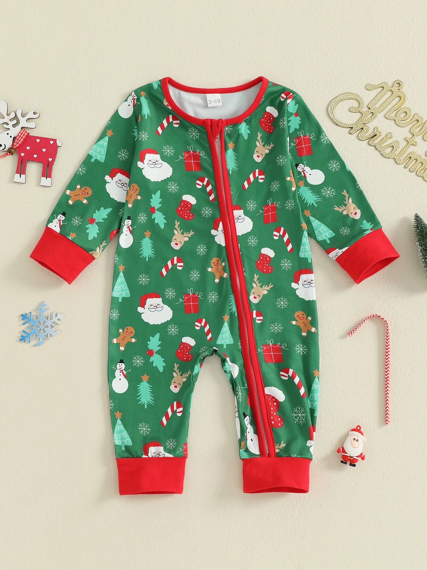 Baby Boys Girls Christmas Zipper Romper Reindeer Santa Print Zip Up Long Sleeve Round Neck Jumpsuit