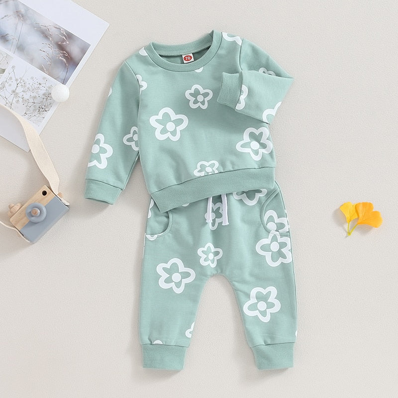 Baby Toddler Girls 2Pcs Outfit Flower Print Long Sleeve Crew Neck Top Elastic Waist Pants Fall Clothes Set