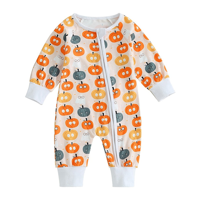Baby Girl Boy Halloween Romper Long Sleeve Round Neck Pumpkins Print Jumpsuit Newborn Fall Outfit