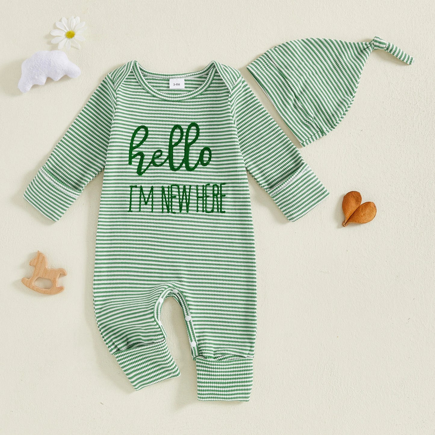 Baby Boy 2Pcs Striped Hello I'm New Here Romper Letters Embroidery Round Neck Long Sleeve Jumpsuit with Hat Set