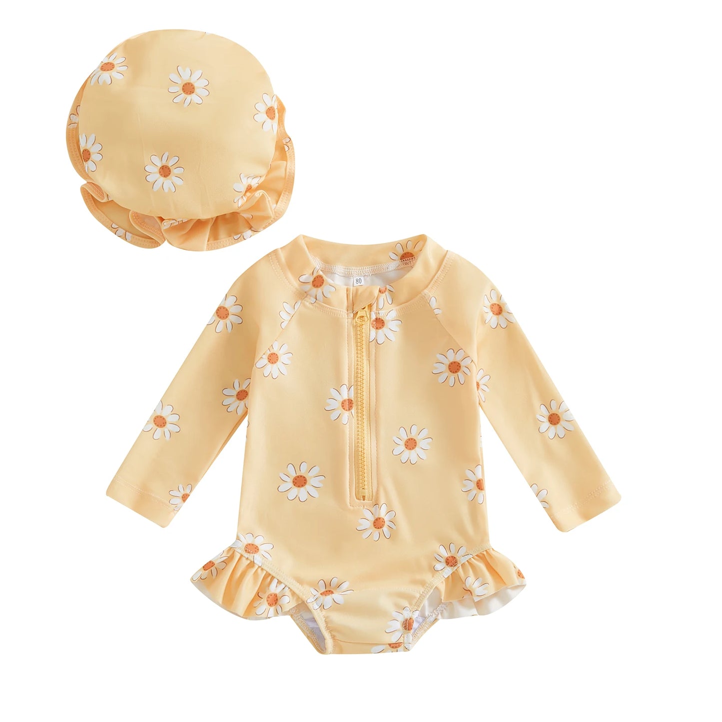 Baby Toddler Girls 2Pcs Swimsuit Daisy Flower Print Long Sleeve Round Neck Swimwear Front Zipper Bathing Suit and Hat Set