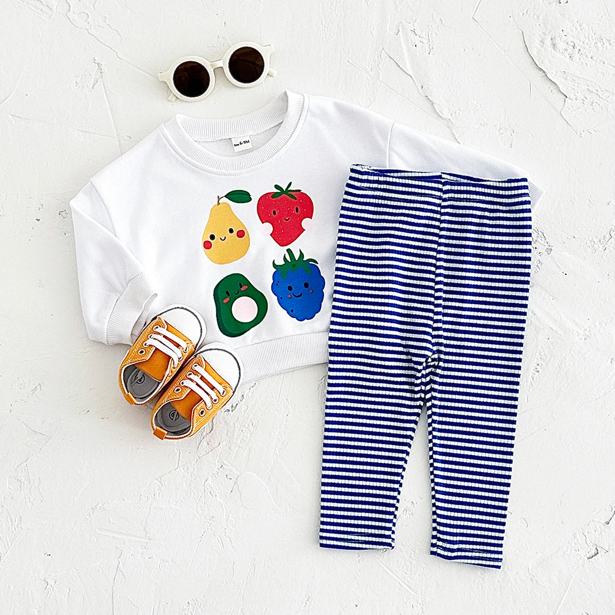 Baby Toddler Boys Girs 2Pcs Fruit Print Pullover Long Sleeve Top + Striped Pants Outfit Set