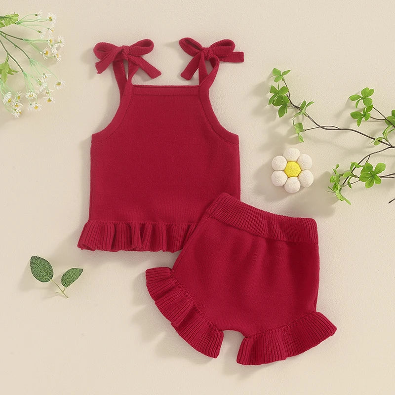 Baby Girl 2Pcs Outfits Knit Solid Color Sleeveless Cami Tank Top Tie with Elastic Waist Shorts Outfit Set