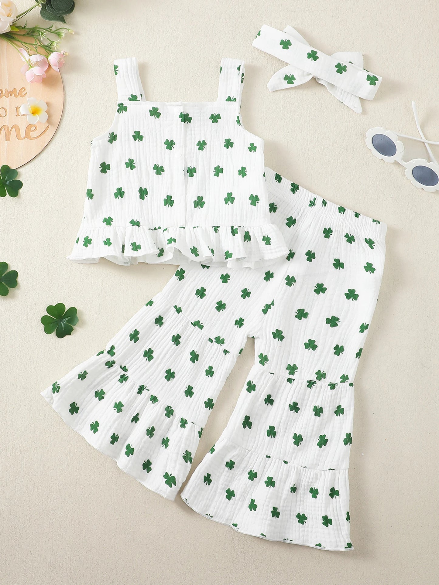 Baby Toddler Girls 3Pcs St. Patrick's Day Outfit Shamrock Print Sleeveless Top and Elastic Waist Flared Pants Set