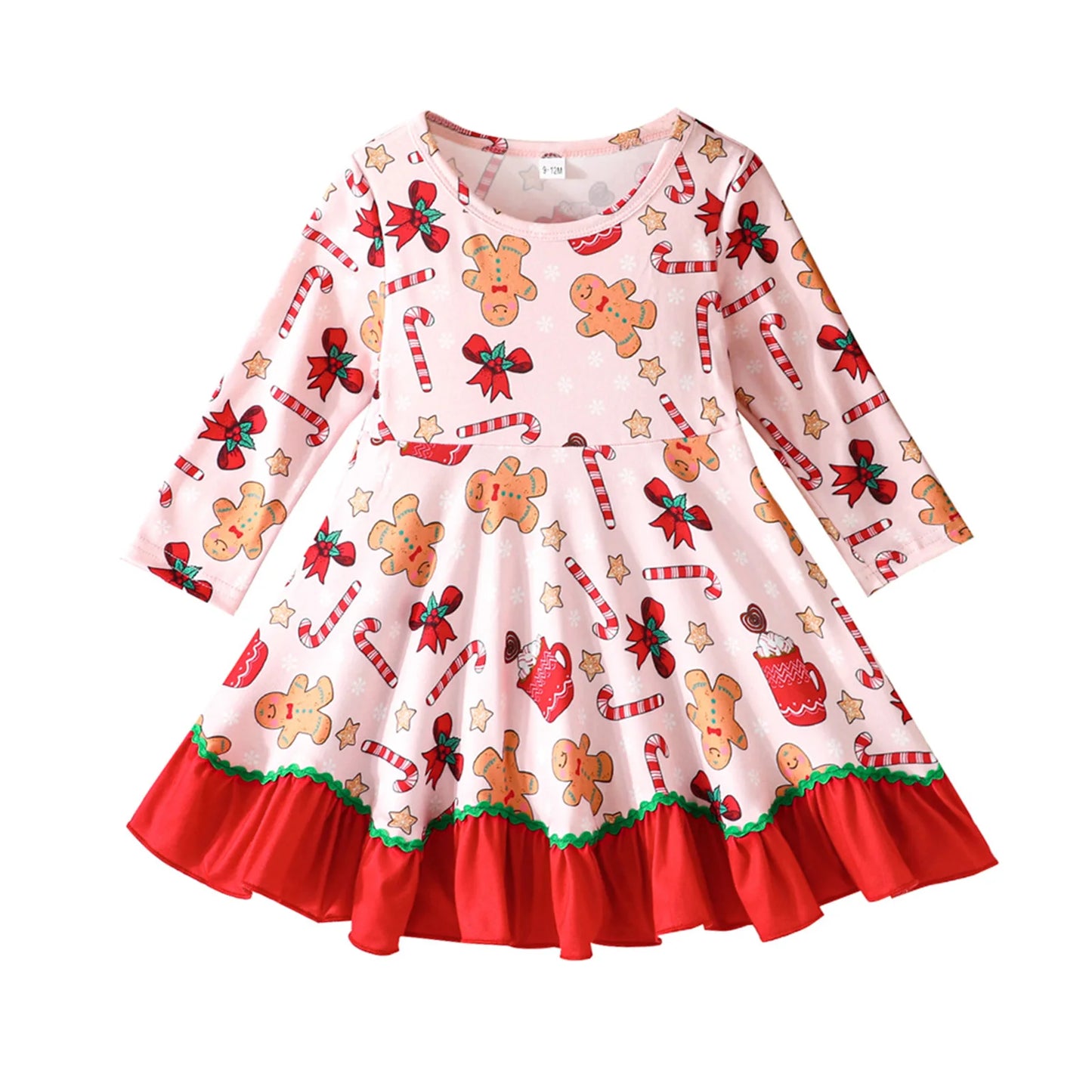 Baby Toddler Girl Christmas Dress Long Sleeve Crew Neck Gingerbread Man Cane Candy Print Dress