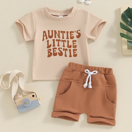 Toddler Baby Girl Boy 2Pcs Summer Outfit Auntie's Little Bestie Top with Elastic Shorts Set