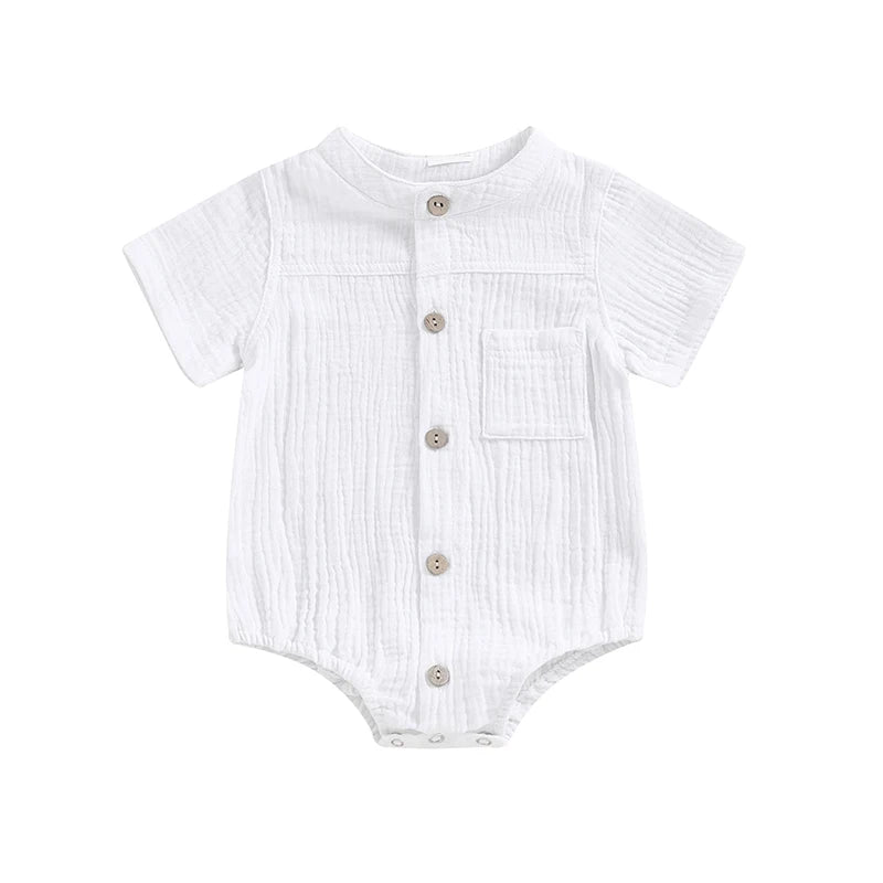 Baby Boy Romper Casual Button Down Round Neck Short Sleeve Jumpsuit