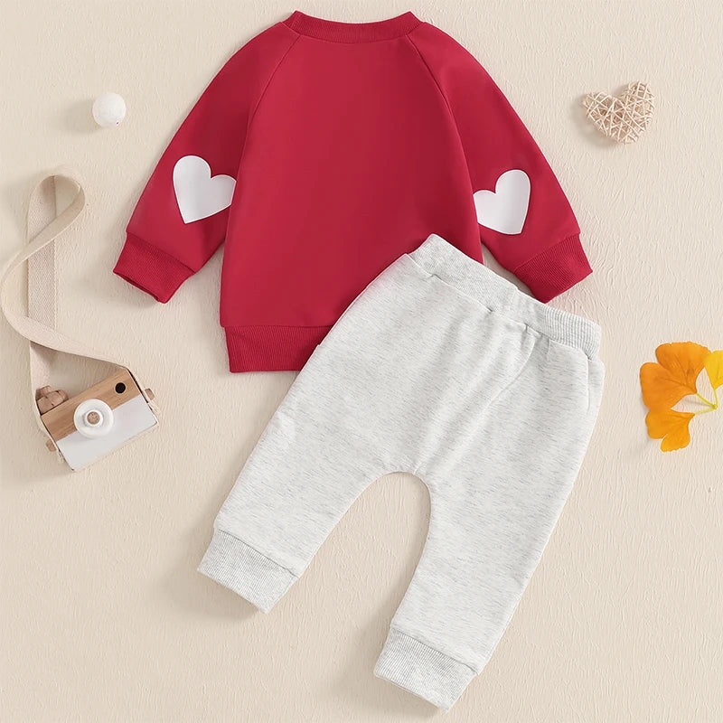 Baby Toddler Boys Girls 2Pcs Valentine Vibes Outfit Letter Print Long Sleeve Crewneck Top with Solid Pants Valentine's Day Jogger Set Valentines