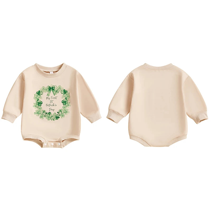 Baby Boy Girl My First St. Patrick's Day Bodysuit Clover Wreath Print Long Sleeve Bubble Romper Spring Clothes