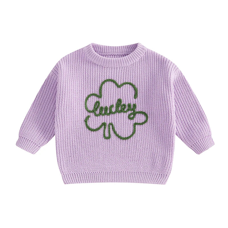 Baby Toddler Kids Boys Girls Lucky Knit Sweater Long Sleeve Round Neck Shamrock Letter Embroidery Pullover Spring St. Patrick's Day Top