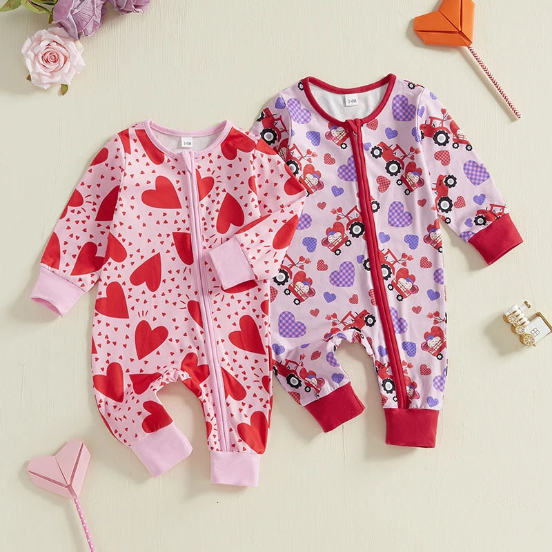 Baby Girl Valentine's Day Romper Heart Tractor Print Zipper Front Long Sleeve Full Length Valentines Jumpsuit