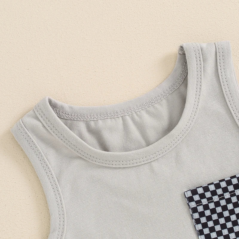 Baby Toddler Boys 2Pcs Sleeveless Tank Top with Pocket and Checkerboard Print Shorts Set Outfit