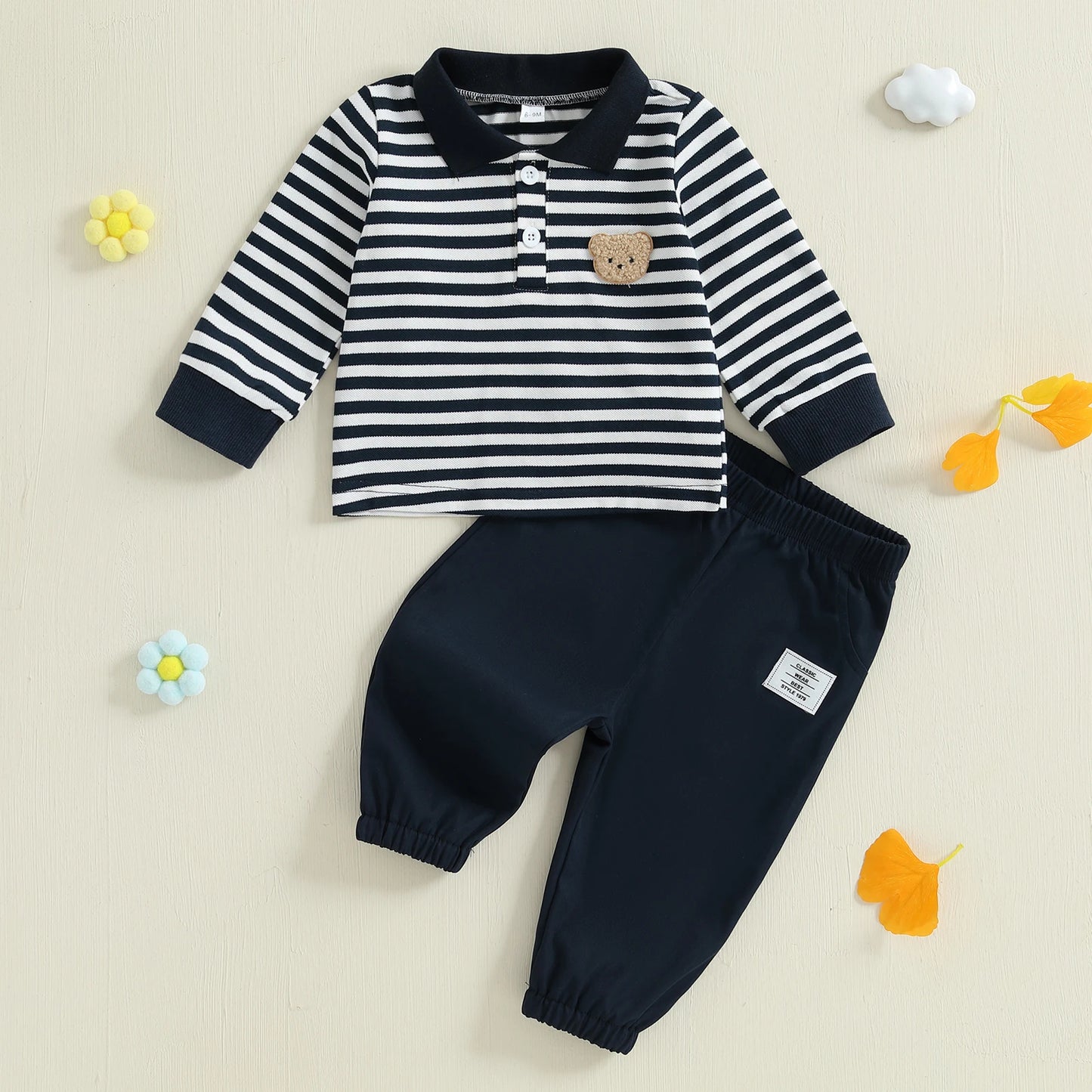 Baby Toddler Boys 2Pcs Fall Long Sleeve Lapel Bear Embroidery Striped Top Pants Sets