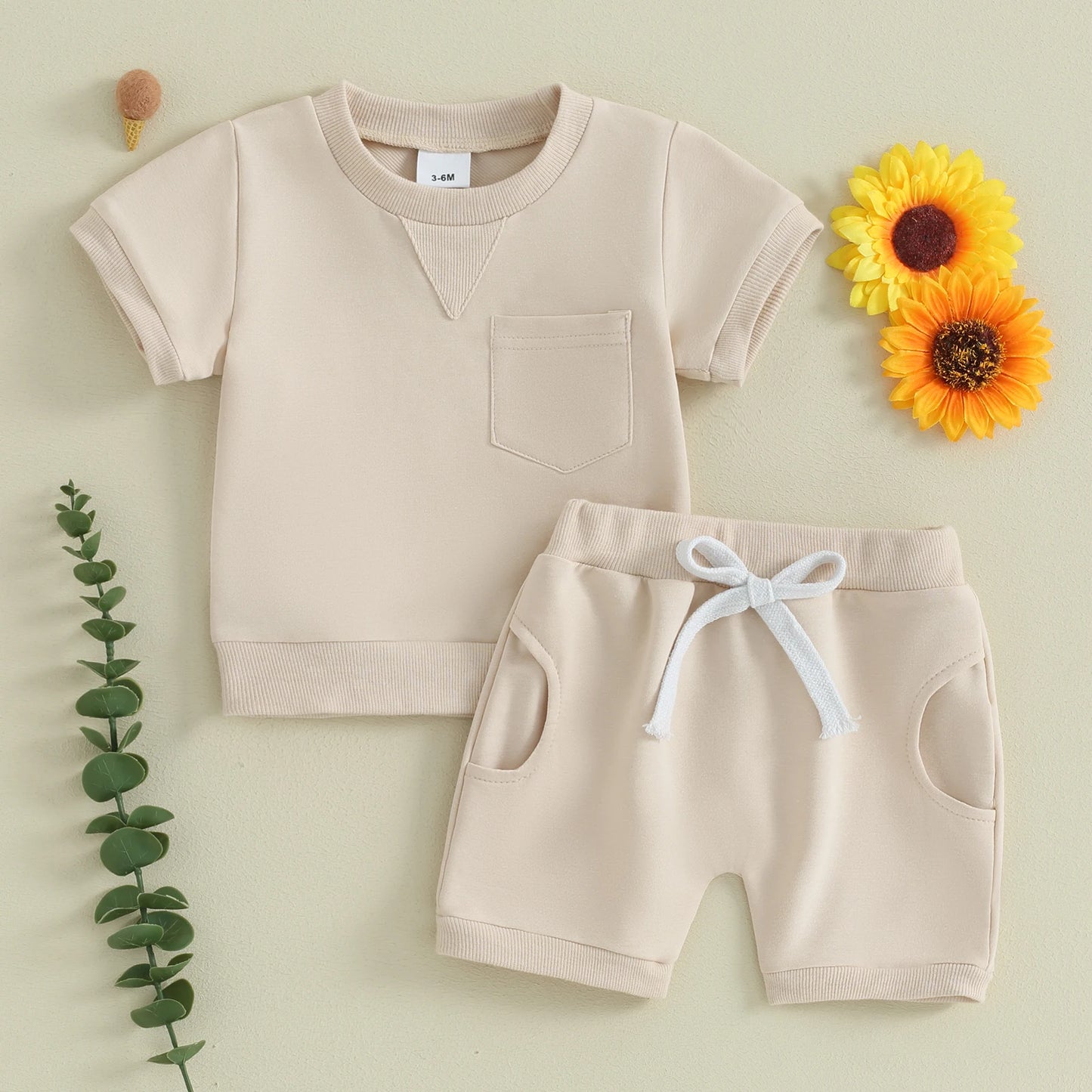 Baby Toddler Boy Girl 2Pcs Spring Summer Clothes Solid Color Short Sleeve O-Neck Top with Matching Shorts Set Outfit