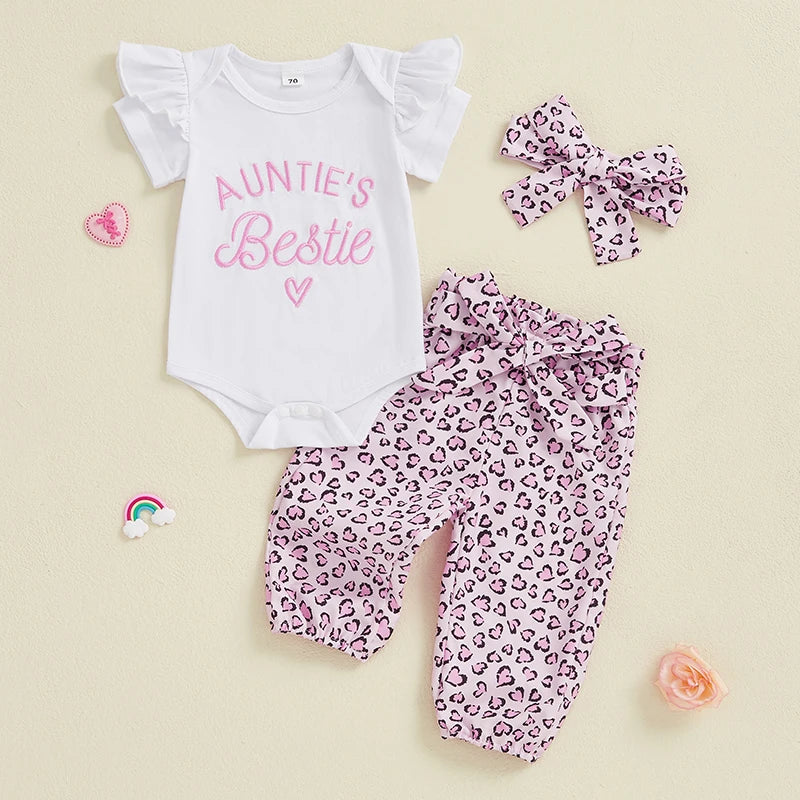 Baby Girls 3Pcs Auntie's Bestie Outfit Short Sleeve Letter Print Romper with Leopard Pattern Print Belted Pants and Headband Set