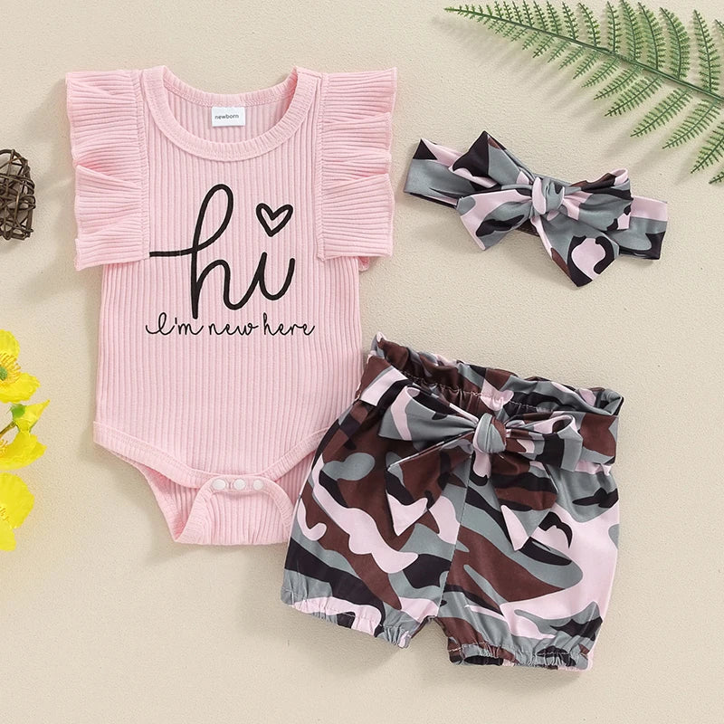 Baby Girls 3Pcs Hi I'm New Here Fly Sleeve Romper with Camouflage Rainbow Sunflower Waist Tie Shorts and Headband Summer Outfit