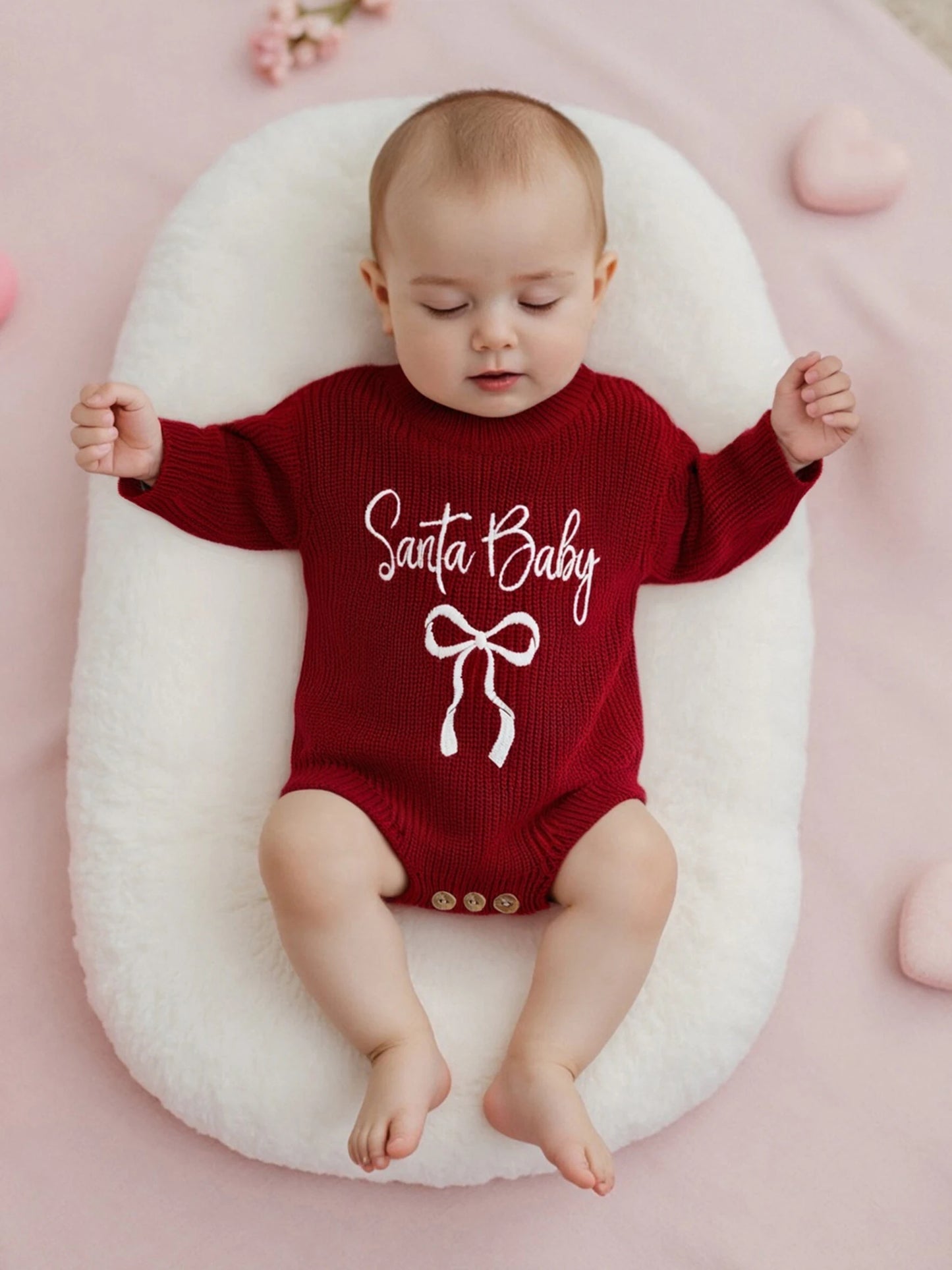 Baby Girl Santa Baby Christmas Romper Loose Fit Letter Bow Embroidery Ribbed Knit Long Sleeve Infant Winter Sweater