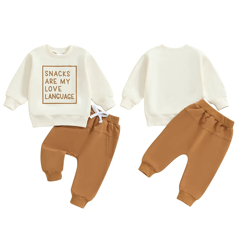 Baby Toddler Boys Girls 2Pcs Snacks Are My Love Language Long Sleeve Crew Neck Letters Print Top with Elastic Waist Pants Set