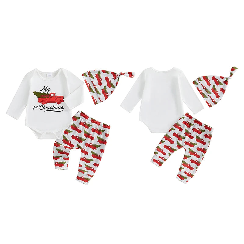 Baby Girls Boys 3Pcs My First 1st Christmas Outfit Long Sleeve Truck Tree Print Romper + Pants + Hat Set