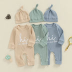 Baby Boys Girls 2Pcs Hi I'm New Here Romper Letter Print Long Sleeve Crew Neck Jumpsuit Bodysuit with Hat Set