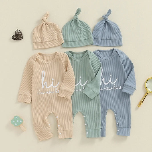 Baby Boys Girls 2Pcs Hi I'm New Here Romper Letter Print Long Sleeve Crew Neck Jumpsuit Bodysuit with Hat Set