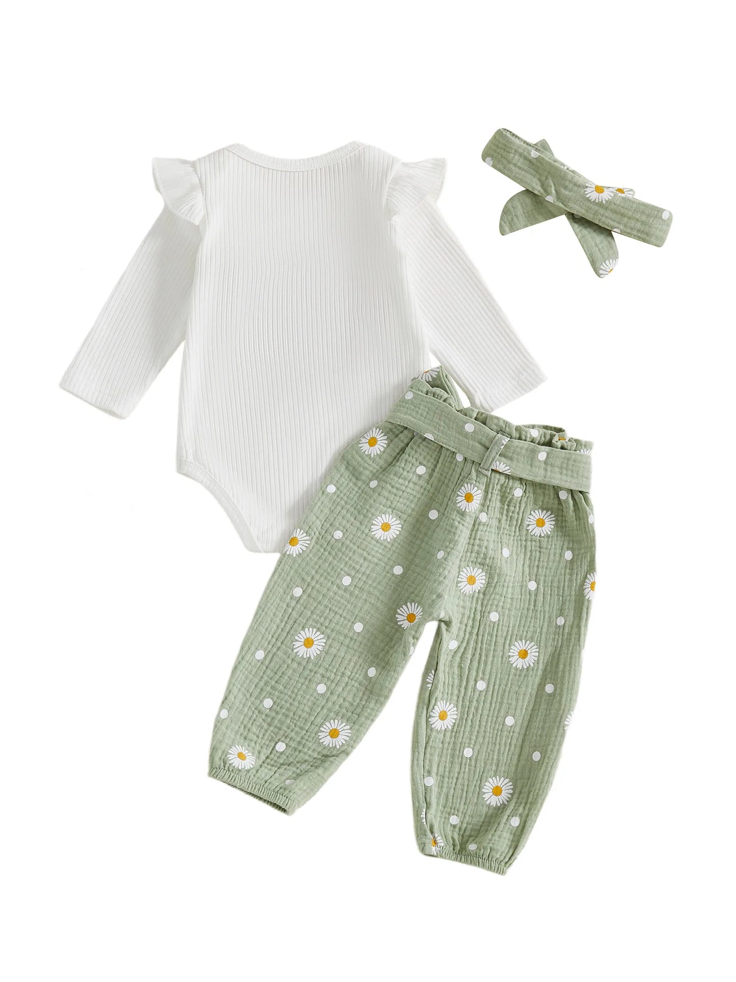 Baby Toddler Girls 3Pcs Daddy's Girl Fall Outfit Letter Embroidery Long Sleeve Romper Daisy Print Pants with Belt and Headband Set