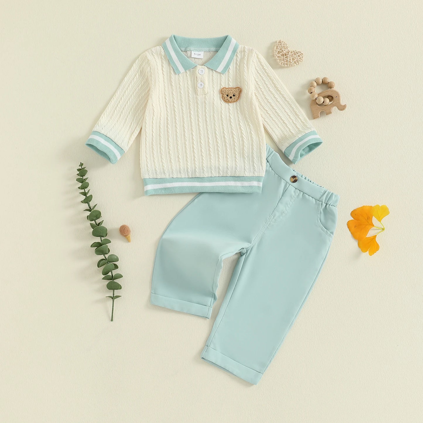 Baby Toddler Boys 2Pcs Fall Outfit Long Sleeve Bear Embroidery Lapel Top + Pants Set