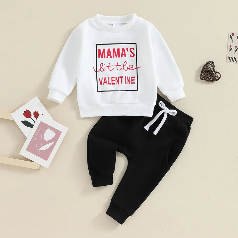 Toddler Baby Boys 2Pcs Valentine's Day Sets Long Sleeve Letter Mama's Little Valentine Print Pullover and Black Drawstring Pants