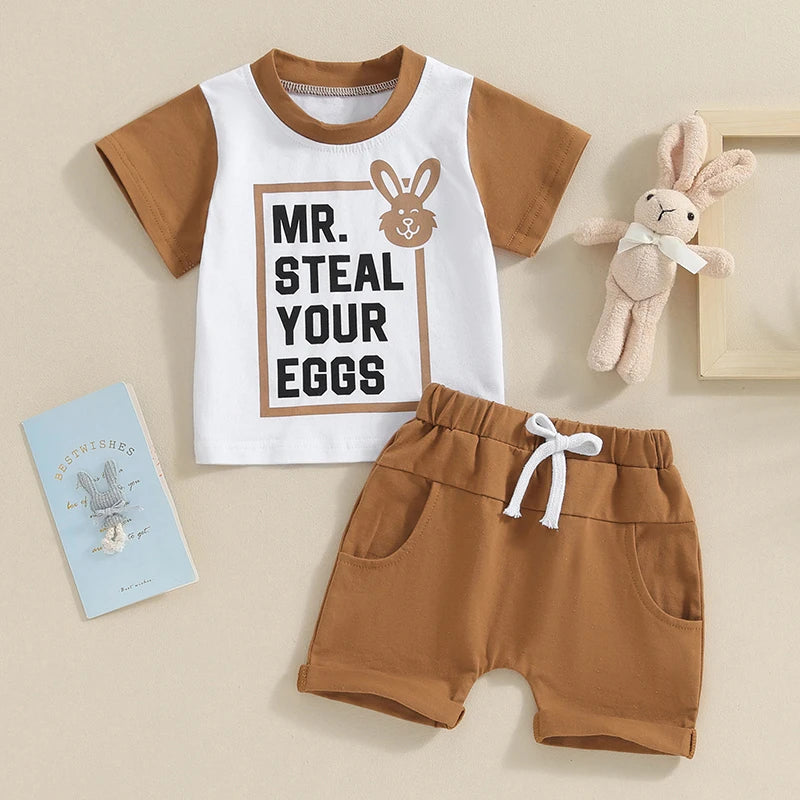 Baby Toddler Boys 2Pcs Easter Outfits Mr. Steal Your Eggs Letter Rabbit Print Contrast Color Short Sleeve T-Shirts Top and Shorts Clothes Set