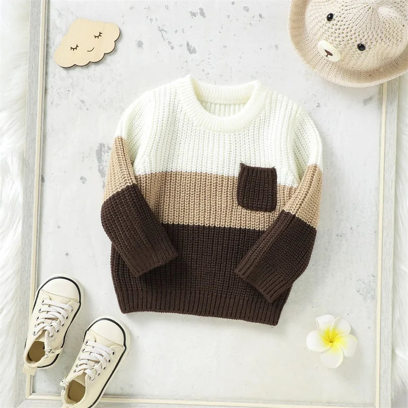 Baby Toddler Boys Girls Knit Sweater Contrast Color Pocket Crewneck Pullover Long Sleeve Top