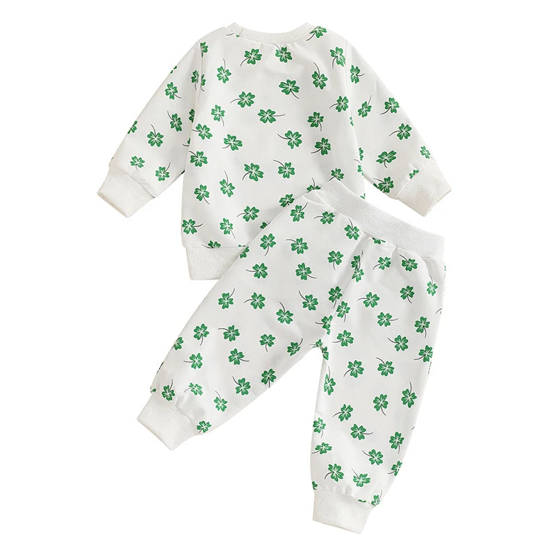 Baby Toddler Girls Boys 2Pcs St. Patrick's Day Outfit Four Leaf Clover Shamrock Print Long Sleeve Crewneck Top and Elastic Pants Jogger Set