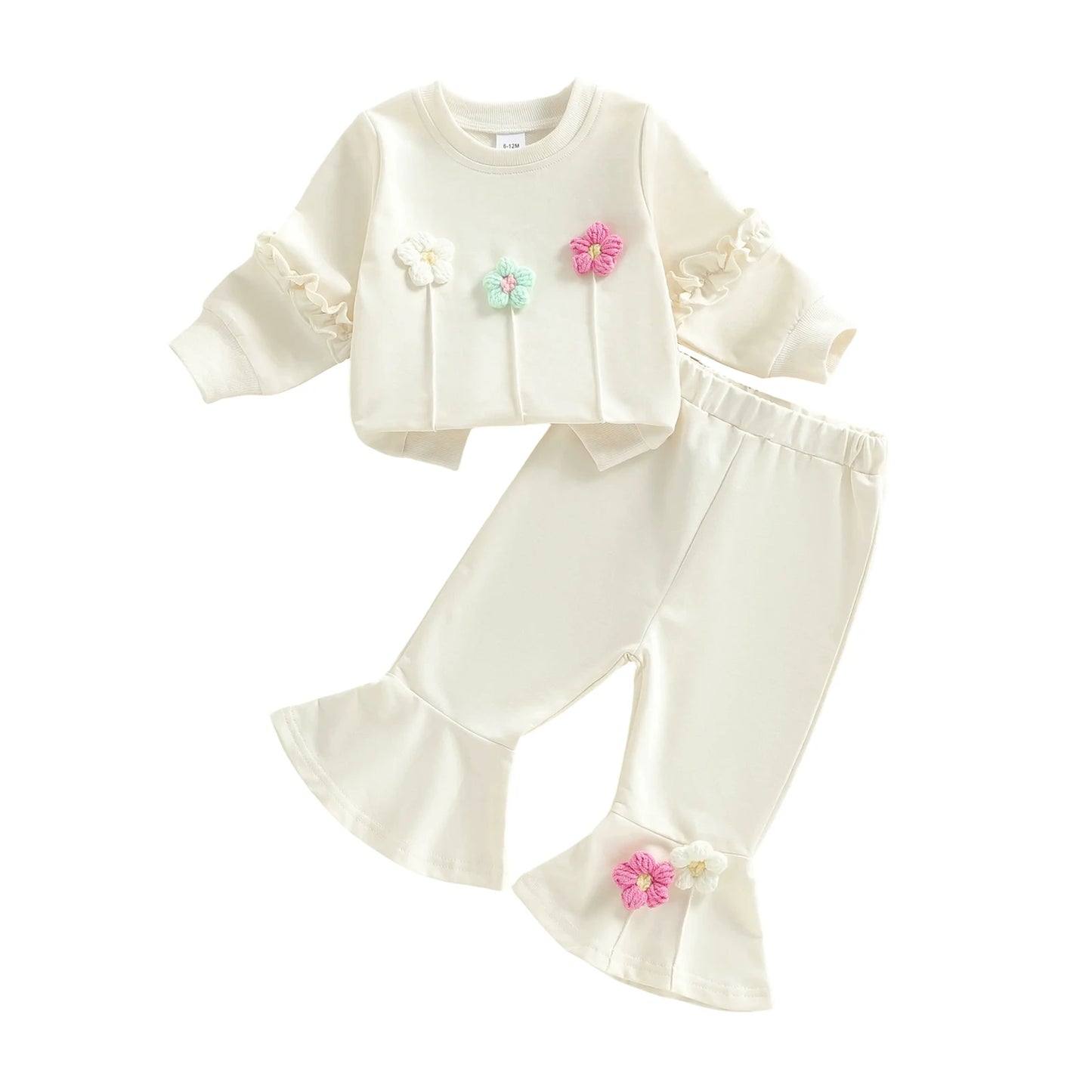 Baby Toddler Girls 2Pcs Spring Outfit Long Sleeve Crew Neck 3D Crochet Flower Decor Top and Bell Bottom Pants Set