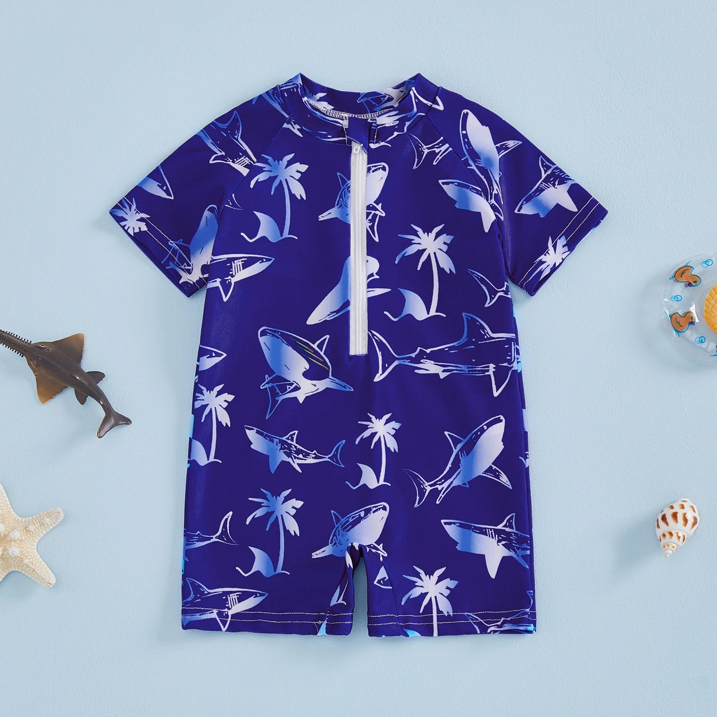 Baby Toddler Boys Rash Guard Swimsuits Cute Shark Animal Printed Short Sleeve Swimwear Romper