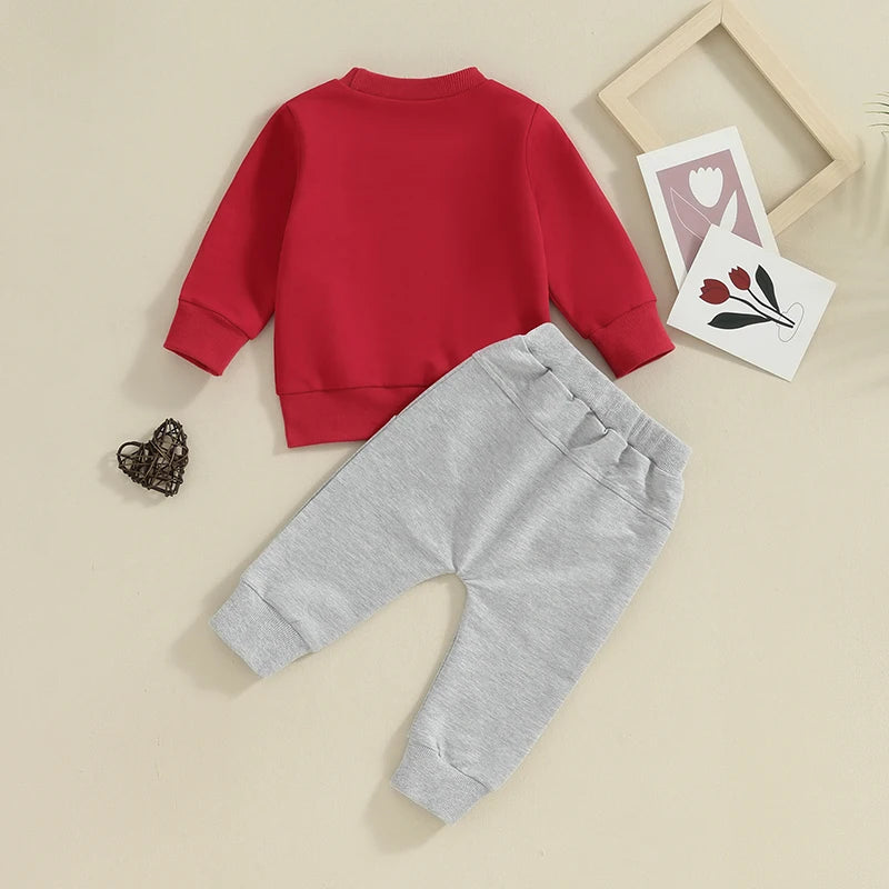 Baby Toddler Boys Girls 2Pcs Valentine's Day Outfits Heart Letter Loved Print Long Sleeve Top and Long Pants Clothes Set