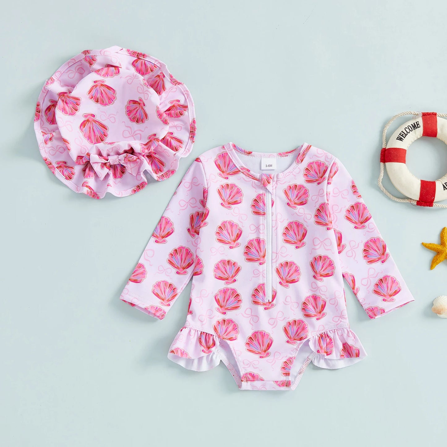 Baby Toddler Girls 2Pcs Swimsuit Set Duck/Shell Print Crew Neck Long Sleeve Zipper Rash Guard Swimwear and Sun Hat