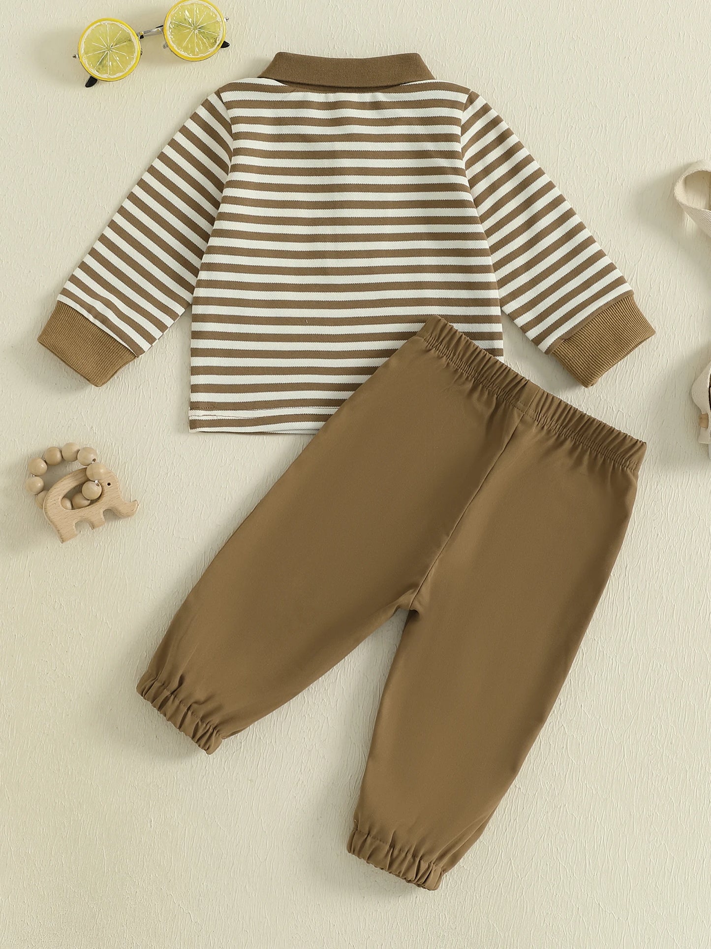 Baby Toddler Boys 2Pcs Fall Long Sleeve Lapel Bear Embroidery Striped Top Pants Sets