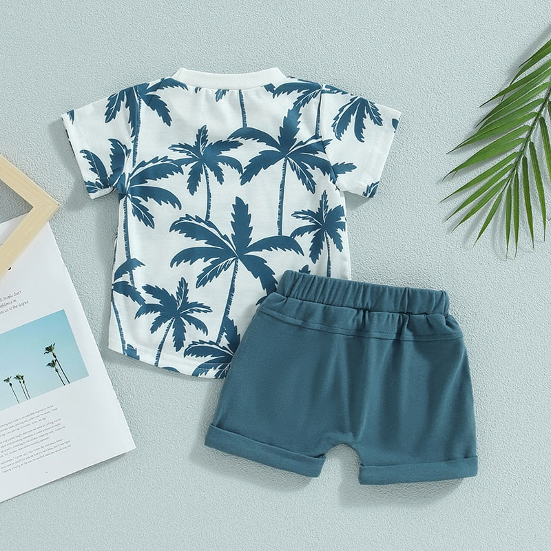 Toddler Baby Boy 2Pcs Palm Tree Print Short Sleeve Crew Neck T-Shirts Shorts Outfit