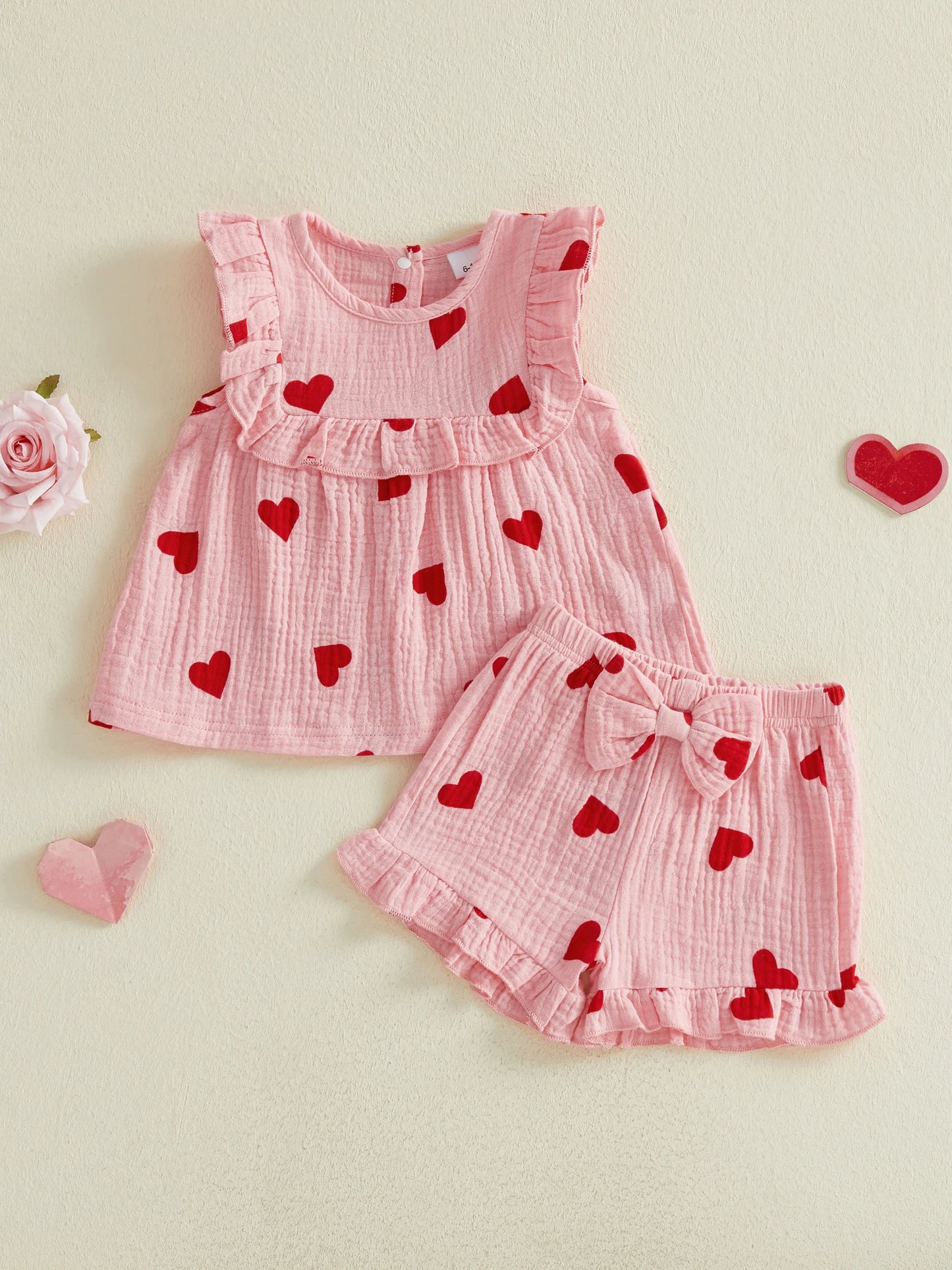Baby toddler Girls 2Pcs Valentine's Day Outfit Love Heart Print Ruffled Trim Crew Neck Sleeveless Top and Bow Shorts Set