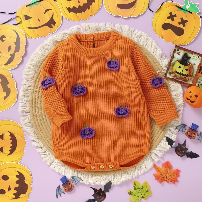 Baby Boys Girls Halloween Knit Romper Pumpkin Embroidery Round Neck Long Sleeve Sweater Jumpsuit